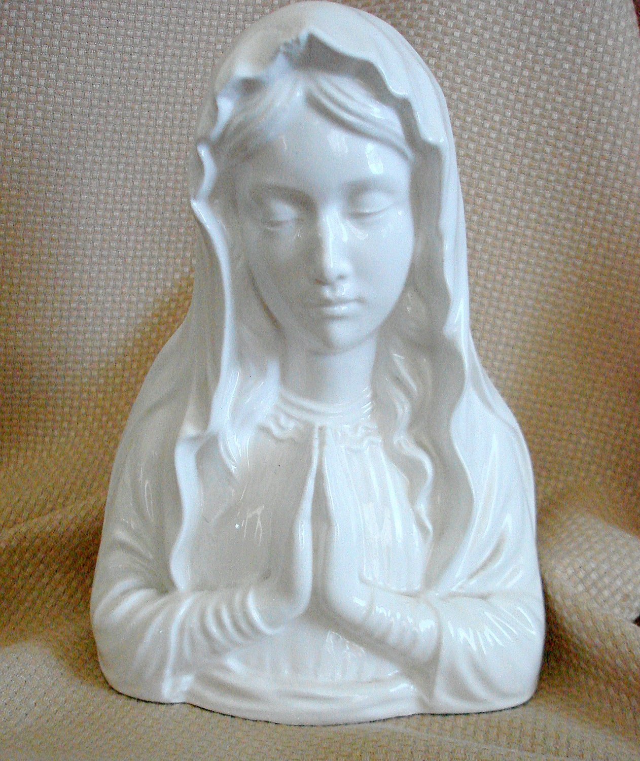 SALE Vintage Replo Madonna Head Vase Planter, Hands in Prayer, Ceramic