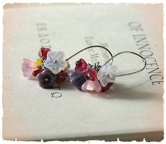 EARRINGS - Bouquet dangle earrings - Colorful glass flowers, long silver plated fish hooks - Romantic style, for every day, spring inspired