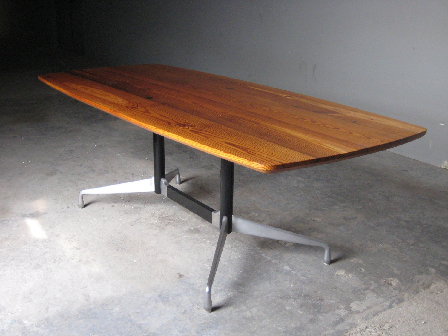 Dining room table, reclaimed Southern Yellow Pine with Eames (Herman Miller) base