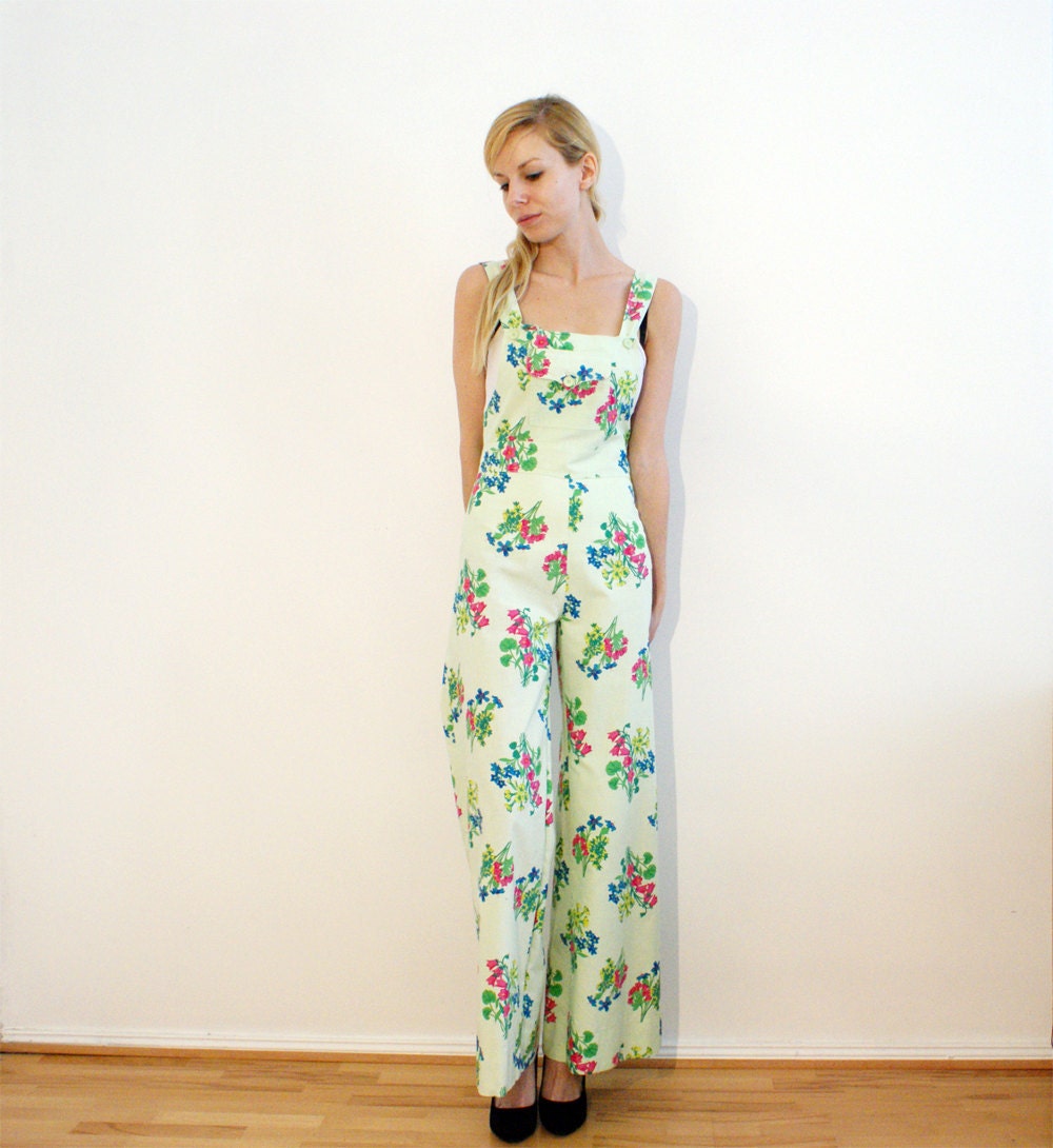 Reserved - Vintage 70s Green Floral Bell Bottom Overall Jumpsuit by Georges Rech Paris XS