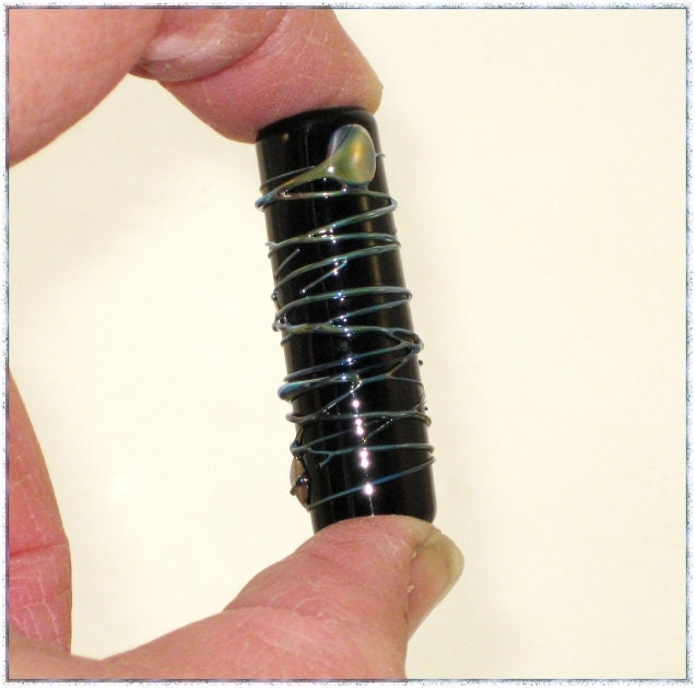 Handmade Glass Lampwork Bead in Black and Metallic Blue - Silvered Focal Tube Bead - SRA - Wrapped Up $7.49