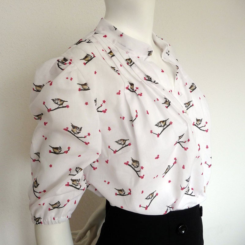 Cotton voile shirt, blouse or tunic with bird print