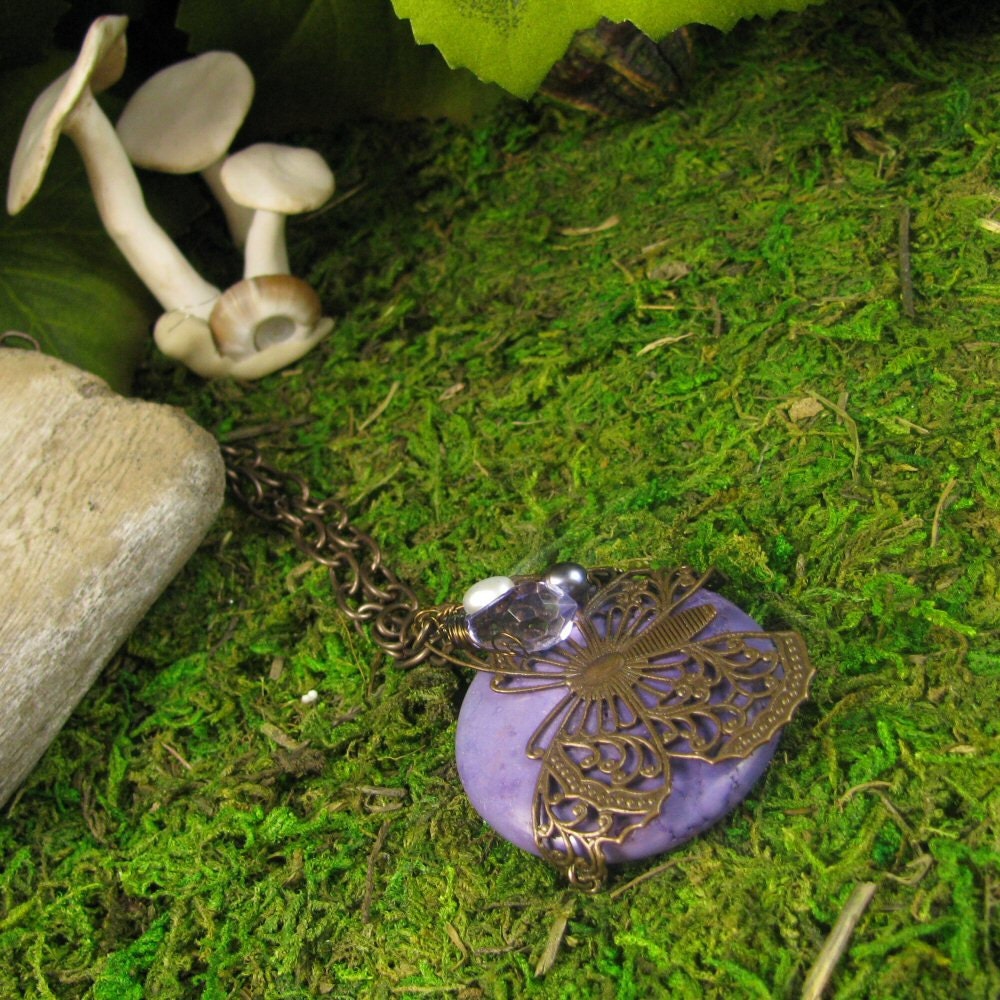 Brass Butterfly Necklace: "Fluttering Amethyst Butterfly"