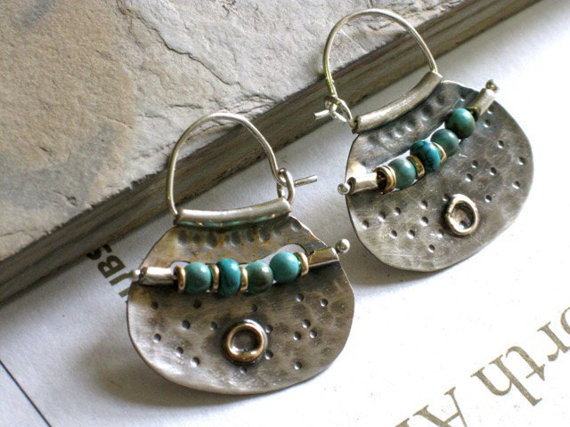 Silver Hoops and Turquoise beads - handcrafted sterling silver and gold earrings
