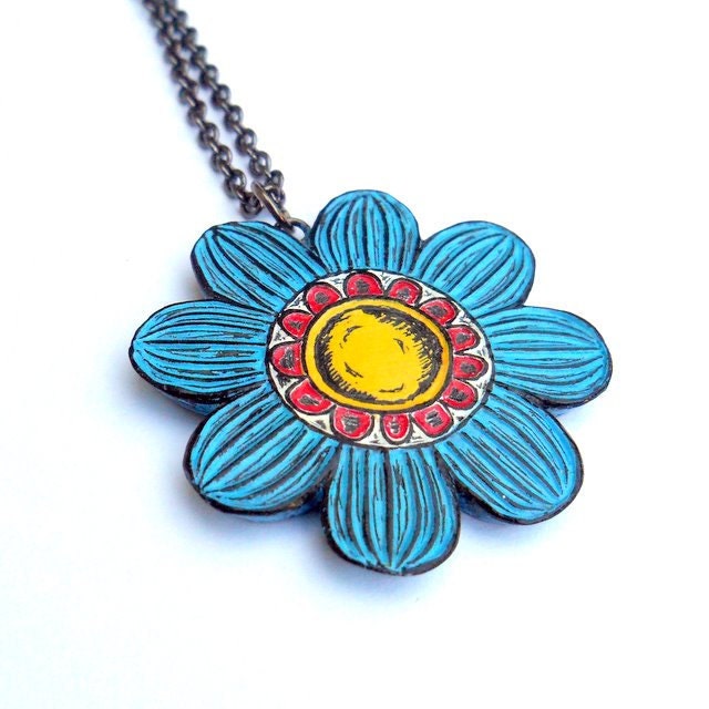 Blue, Red and Yellow Flower Necklace How Does Your Garden GrowBloom No. 2