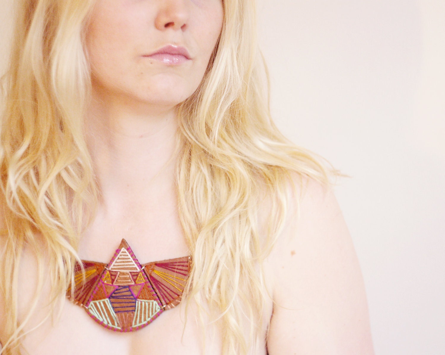 Hand Embroidered Necklace-  Aztec Native Navajo Southwestern- Brown Leather Colorful Statement Necklace