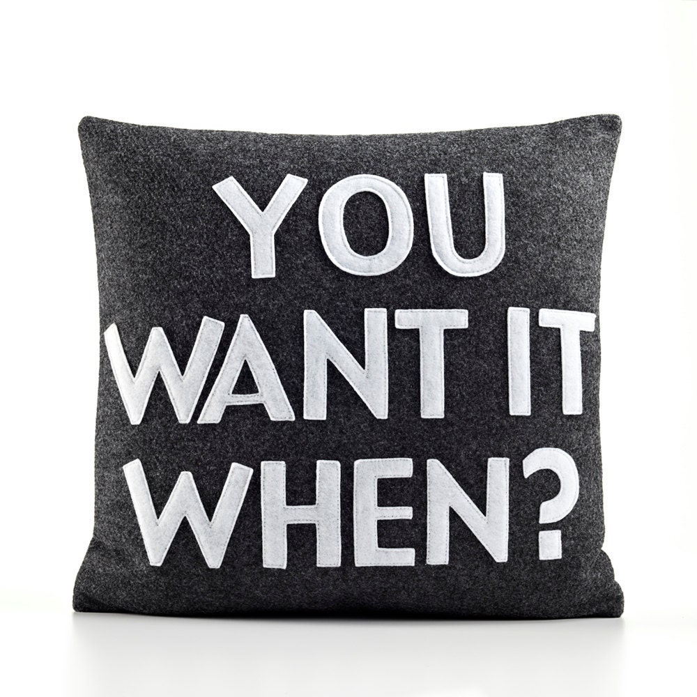 You want it WHEN - recycled felt applique pillow 16x16 charcoal and white