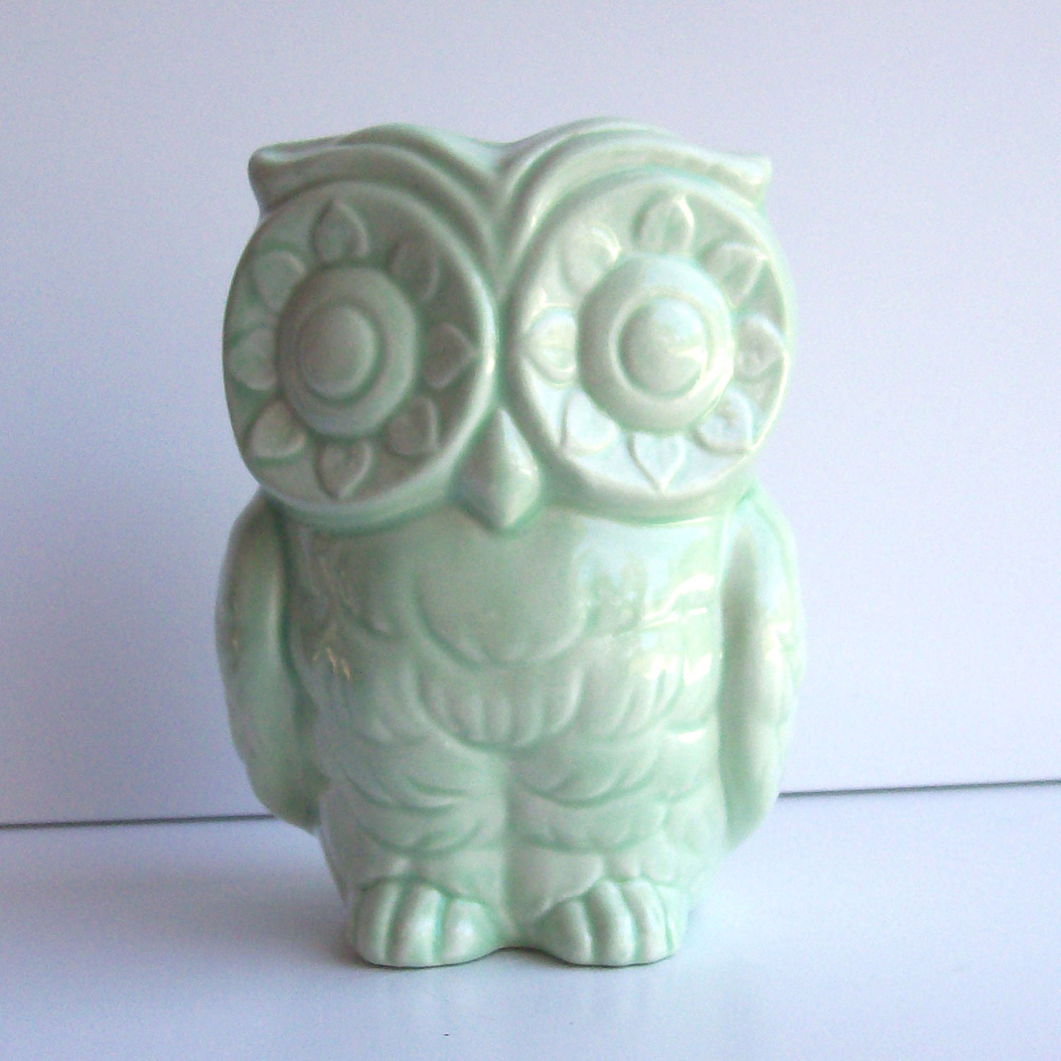 Ceramic Tiki Owl Planter Vintage Design in Celadon