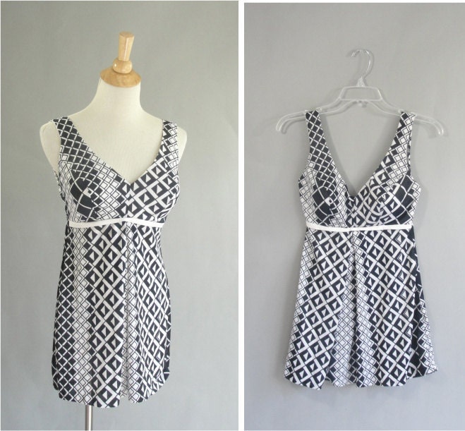vintage 1960s Black and White Swimsuit with Op Art Design by Swimsuit by Sears with matching swim trunks size 14