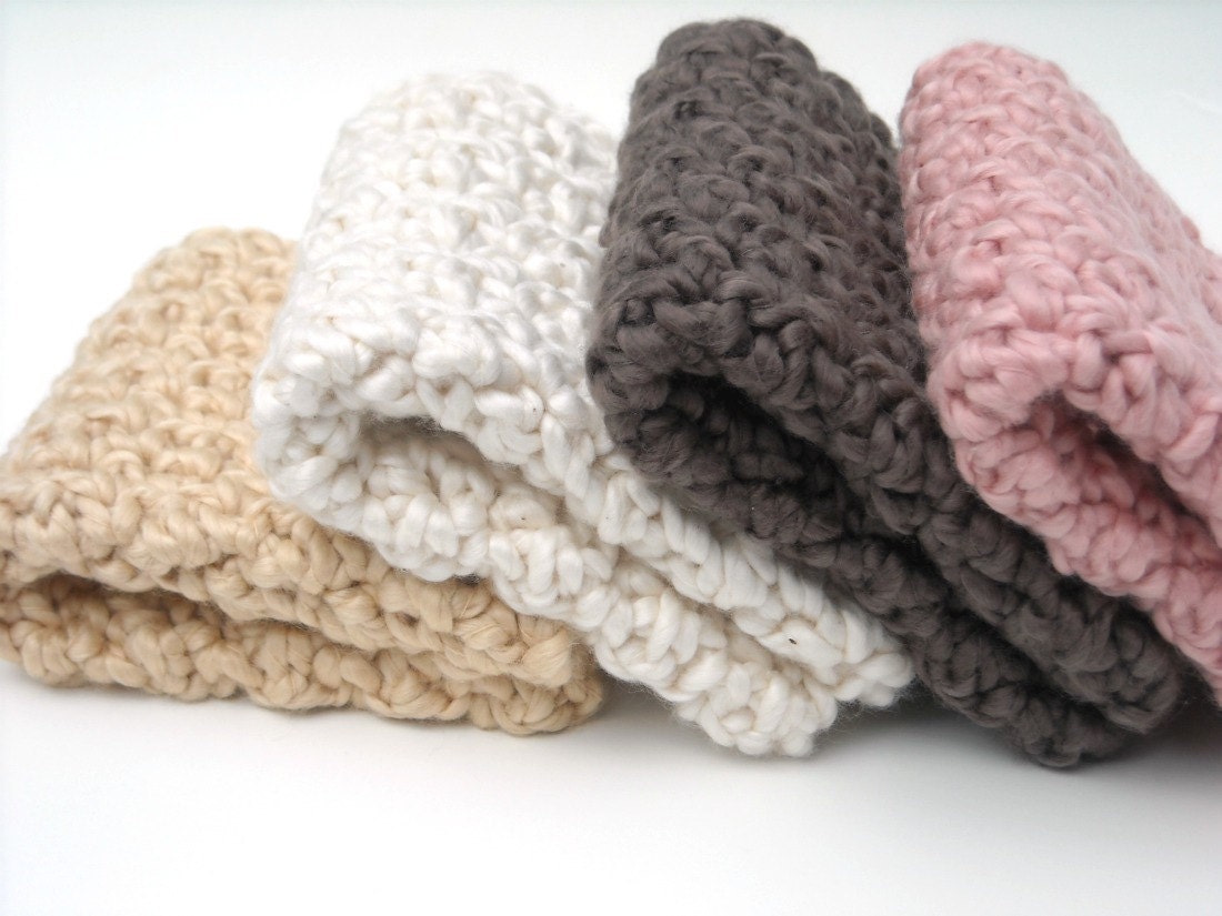 Washcloths Organic Cotton Crochet Handmade Set of 4 Chocolate, Pink, Almond, Cream