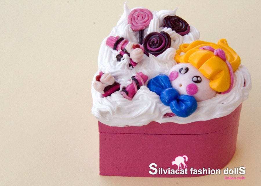 Cute pink heart jewel box , with handmade polymer clay decor