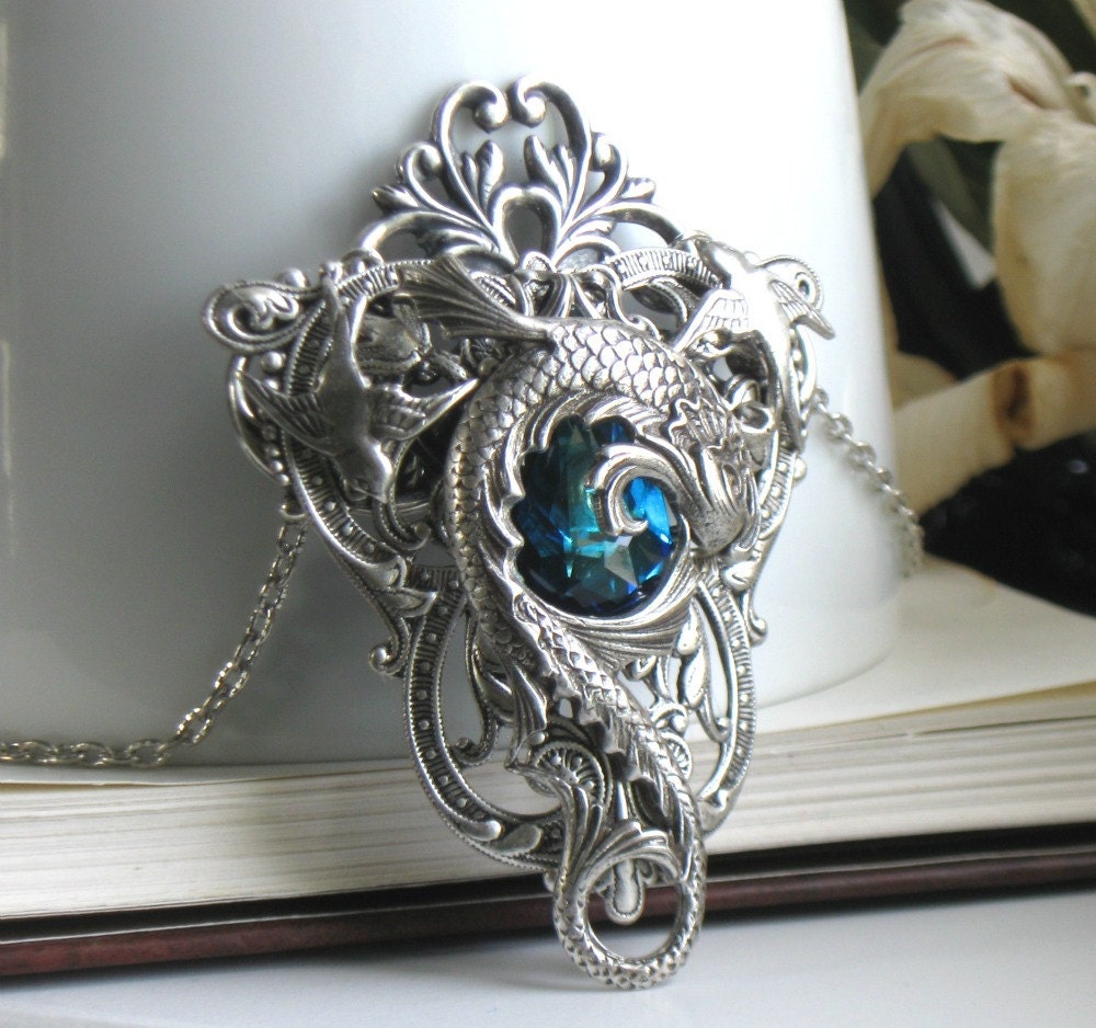 Celestial Maelstrom Aged Silver and Swarovski Necklace - Fantasy - Silver - Blue - Water - Wedding - Bridal - Dragon