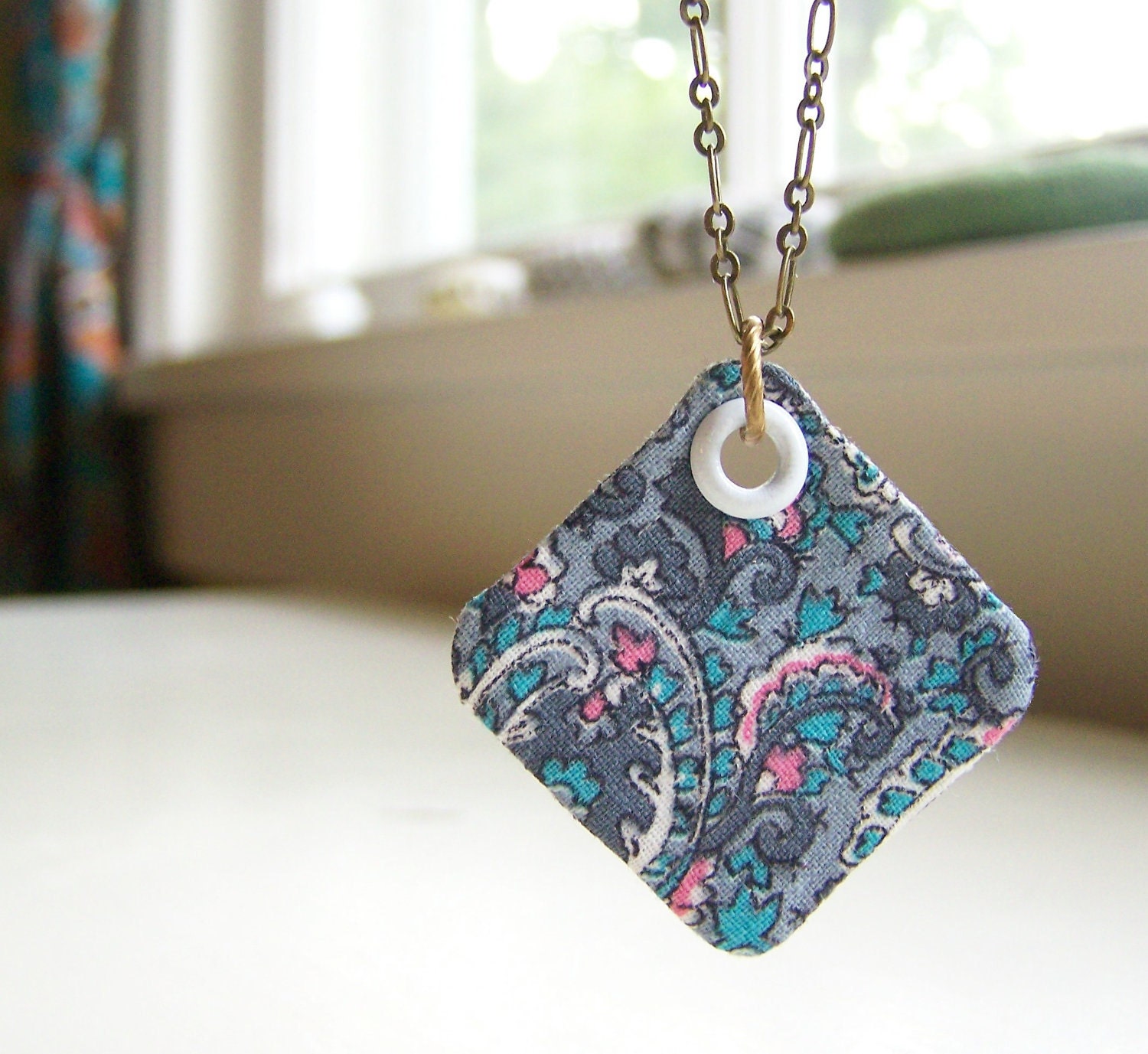 Necklace vintage fabric in gray paisley