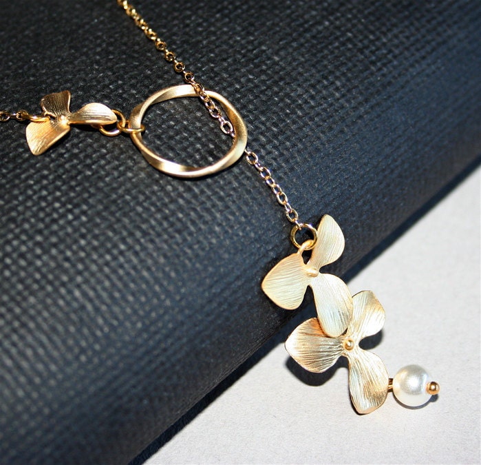 Gold  Orchid Necklace Lariat Flower Necklace with by smilesophie