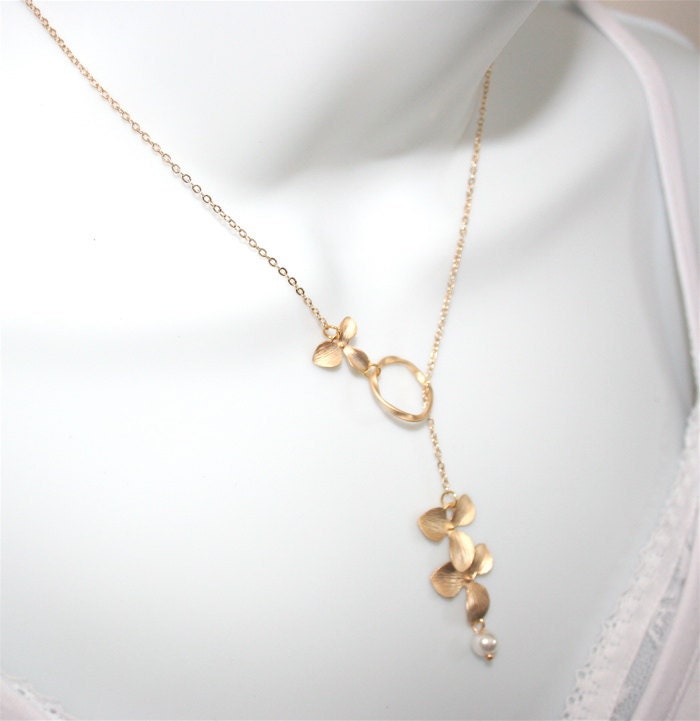 Gold  Orchid Necklace Lariat Flower Necklace with by smilesophie
