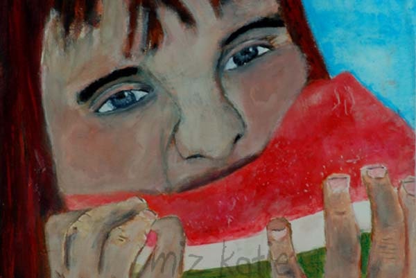 Eating Watermelon Original painting on birch plywood