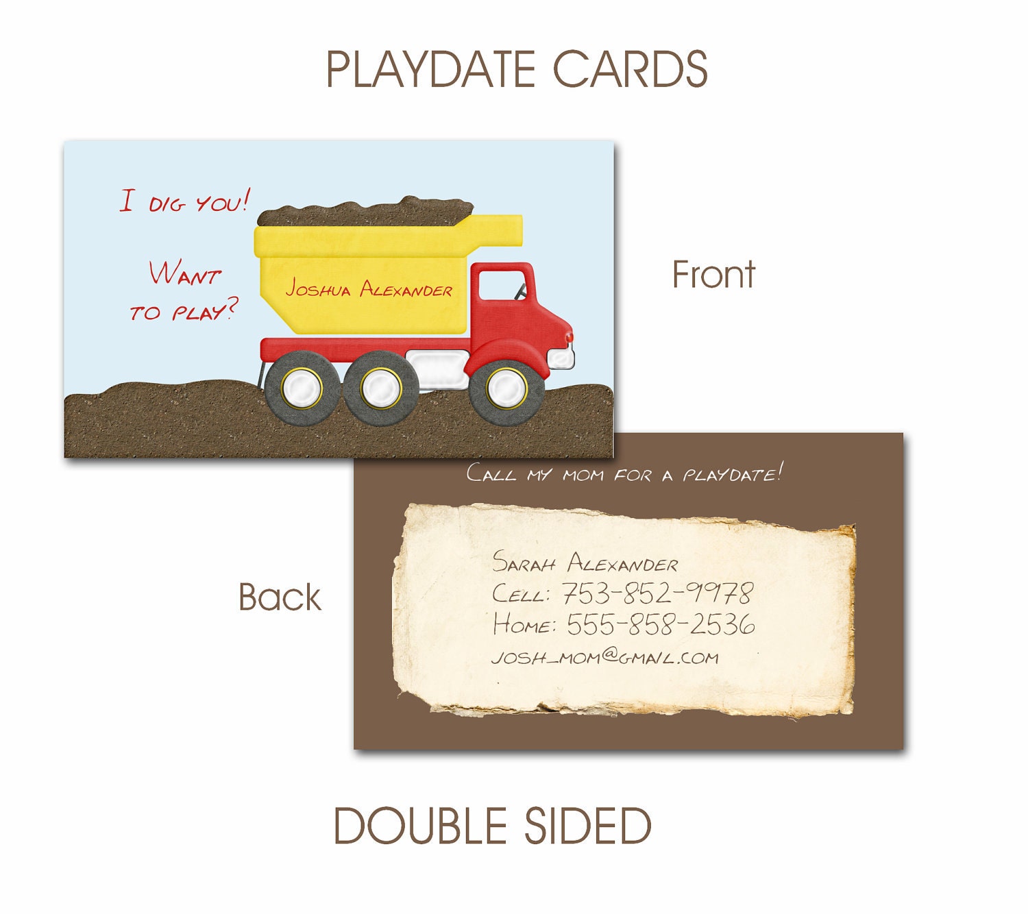 SALE Playdate or Mommy Calling Cards - Enclosure Card - Gift Tag - Construction - YOU Choose Construction Vehicle - Double Sided - Printable