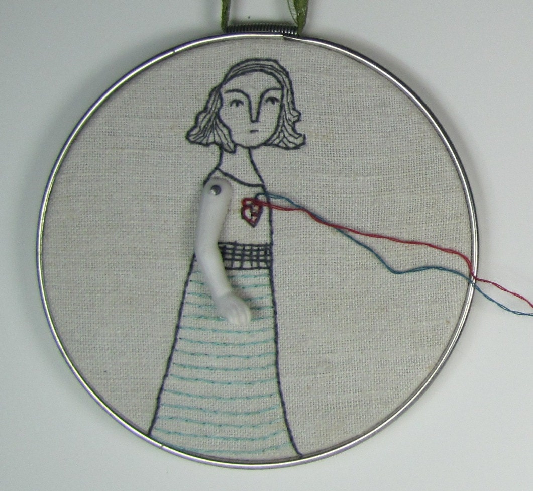 hand embroidery hoop art-connection no.4 in yellow and aqua