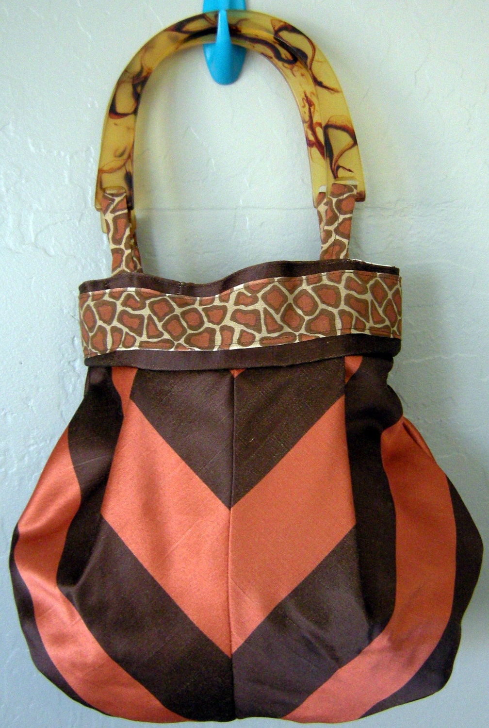 Amanda Pouf Handbag with Faux Tortoise Handles in Brown/Orange stripe with Fall Lining