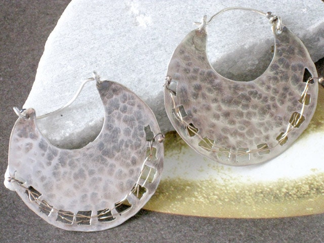 Large tribal silver hoops decorated with goldfilled threads-handmade earrings