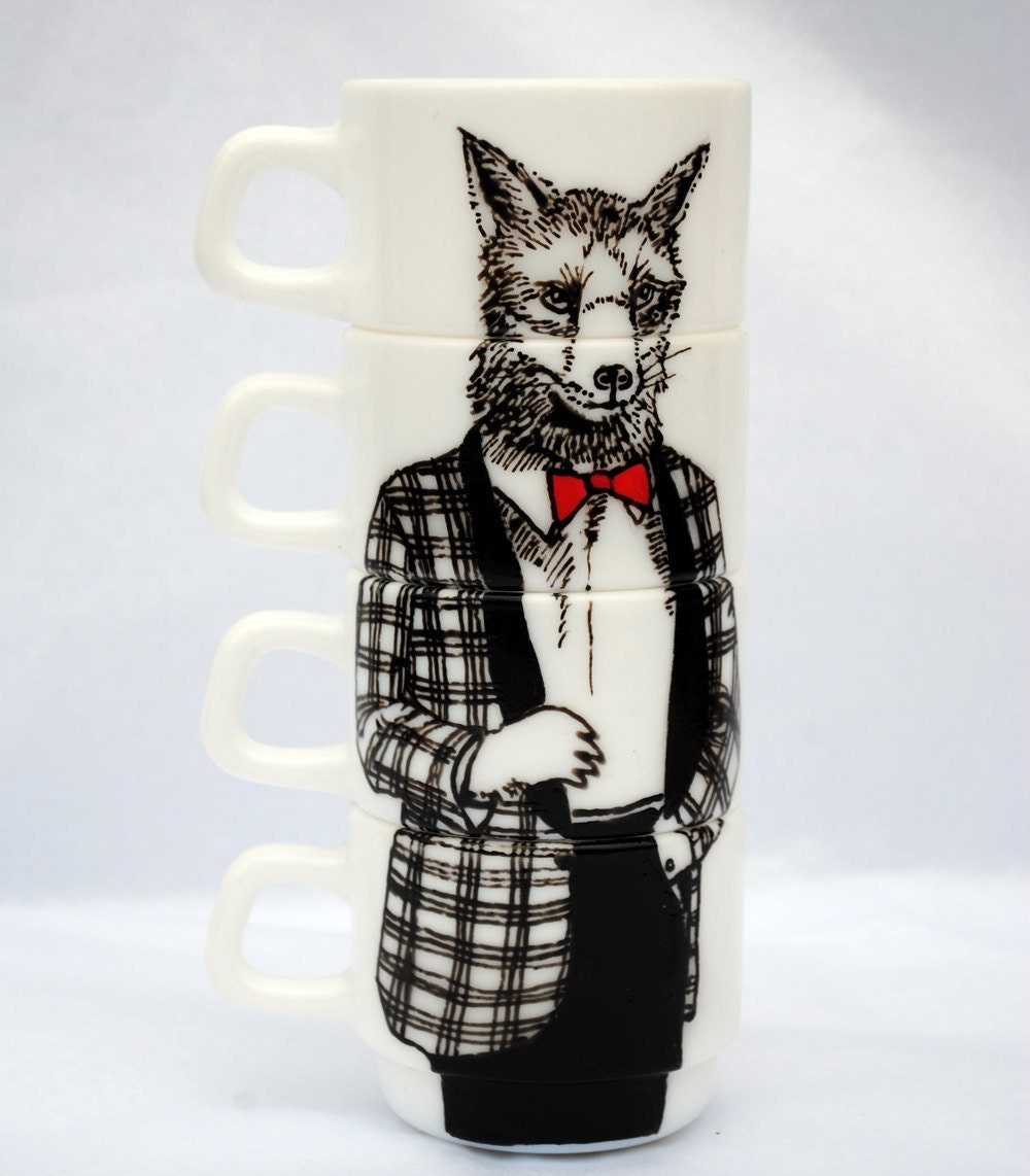 Hand painted set of 4 espresso cups - Mr Fox