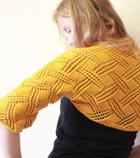 Ladies lacy crossing pattern shrug in Honey