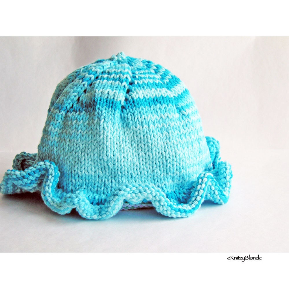 Baby Sun Hat, Ruffle Brim, Photo Prop, Cotton Yarn, Bright Turquoise Blue, Summer Beach Cap