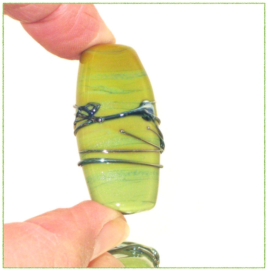 Handmade Lampwork Glass Bead in Avocado Green and Metallic Blue- Focal Art Bead - SRA - Wired Avocado $7.99