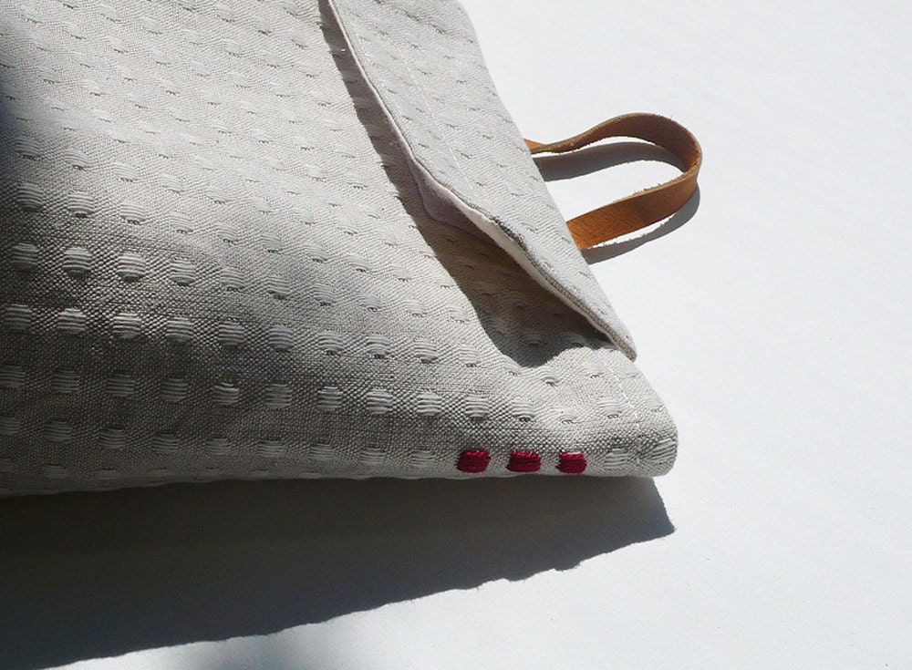 Fabric clutch small cotton linen natural orange red dots hand embrodery
