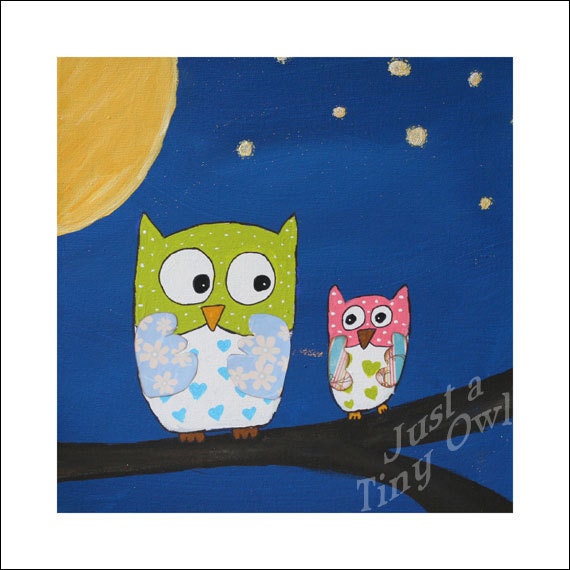 Owls in the Moonlight 10x10 Mixed Media Print