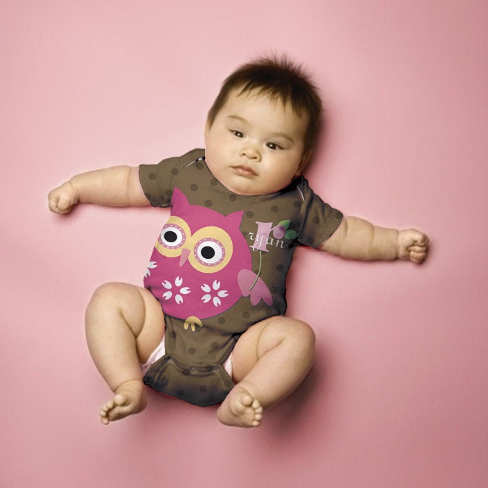 Owl Baby Onesie, Personalized Girl's Brown Polka Dot Snapsuit, Monogrammed