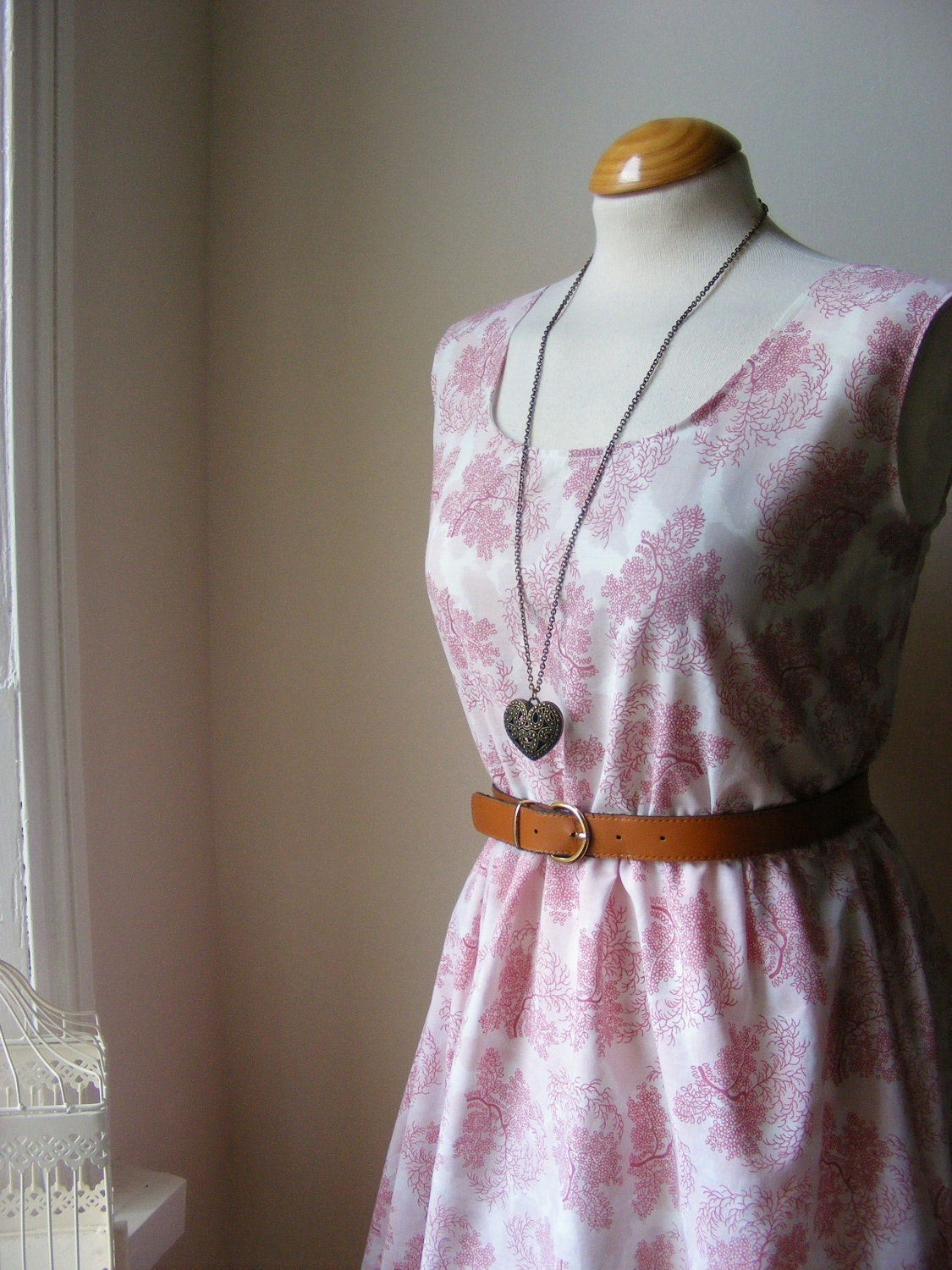 Jennifer Lilly Handmade Pink Floral 60s Cotton Lace Detail Dress (Large)
