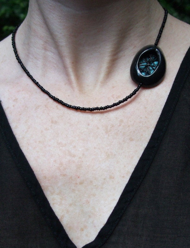 Beaded Necklace with Polymer Clay Pendant - Licorice Fluff
