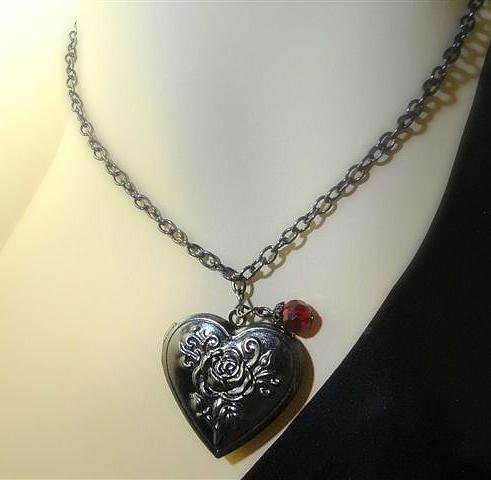 Locket Necklace, Black Heart, Red Czech Glass Crystal Bead, Black Chain - Gothic Memory