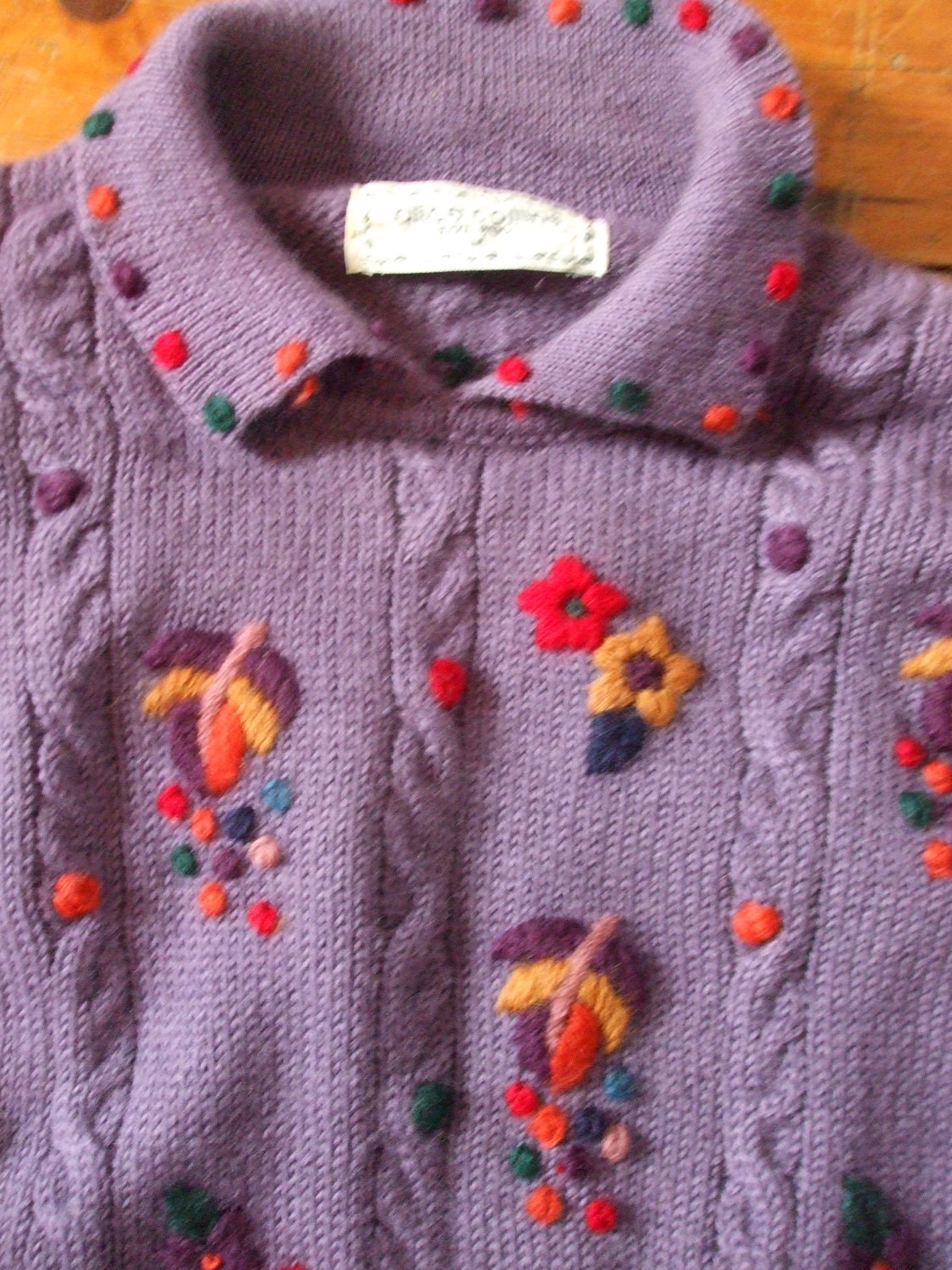 Vintage 80s embroidered floral wool cable purple sweater Alice Collins M / L like Sasha Kagan