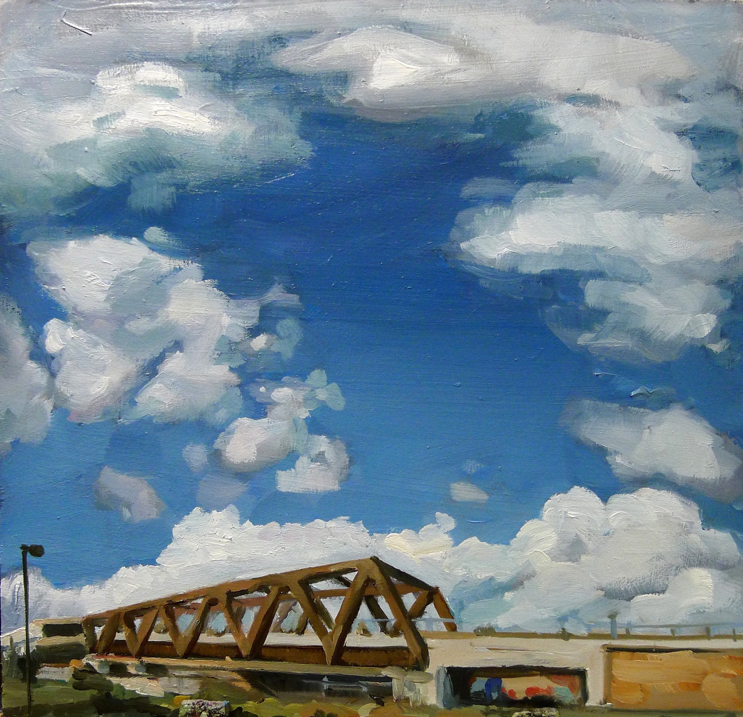 Skies over Shoreditch rail statation, 2011, 19 x 19 cm, original oil on panel painting