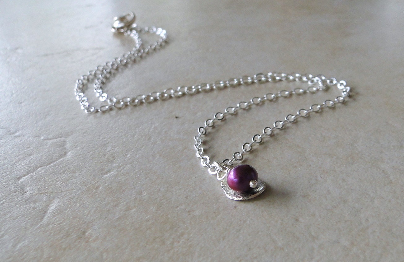 Burgundy Freshwater Pearl With Sterling Silver Brushed Curved Teardrop Necklace