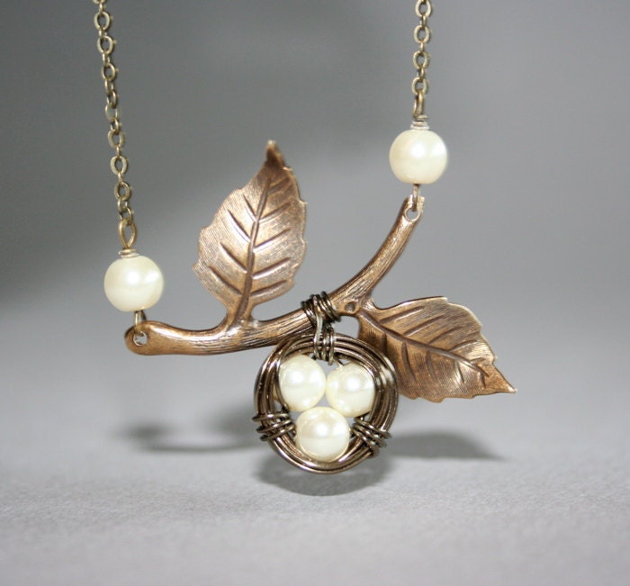 Bird Nest Necklace Bird Nest with Ivory Eggs On by smilesophie