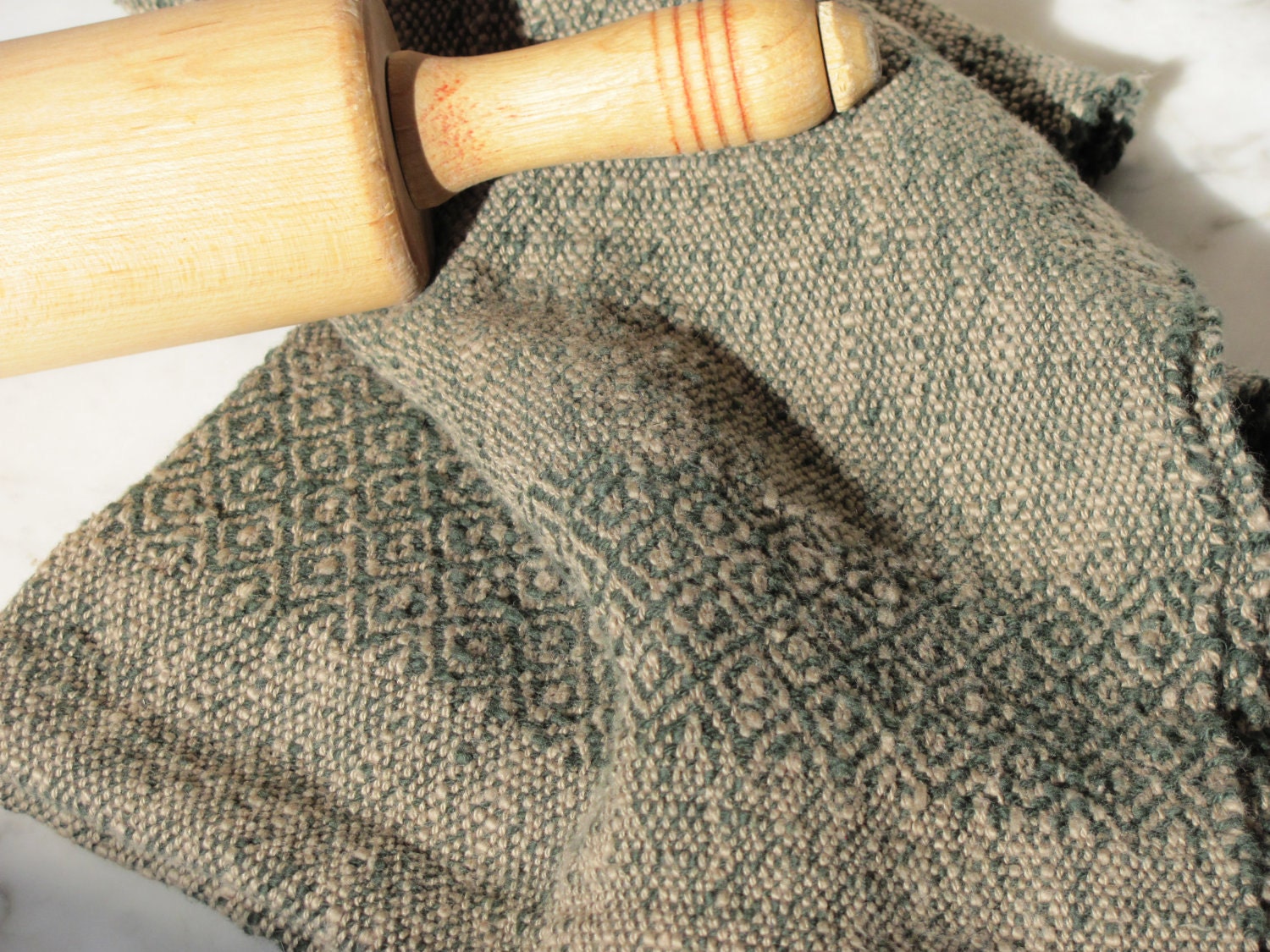 Kitchen Chef's Hand Towel, Handwoven Pine Green & Khaki Rustic Textured Cotton with Birds Eye Diamond Borders
