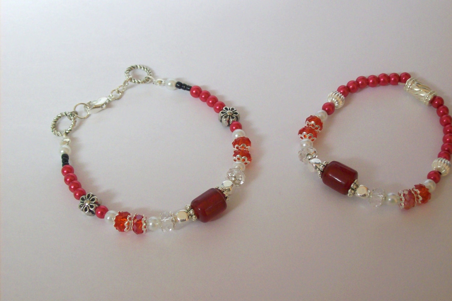 Mother and Daughter Bracelets  Faceted Crystals and Faux Pearls  Red, White and Silver