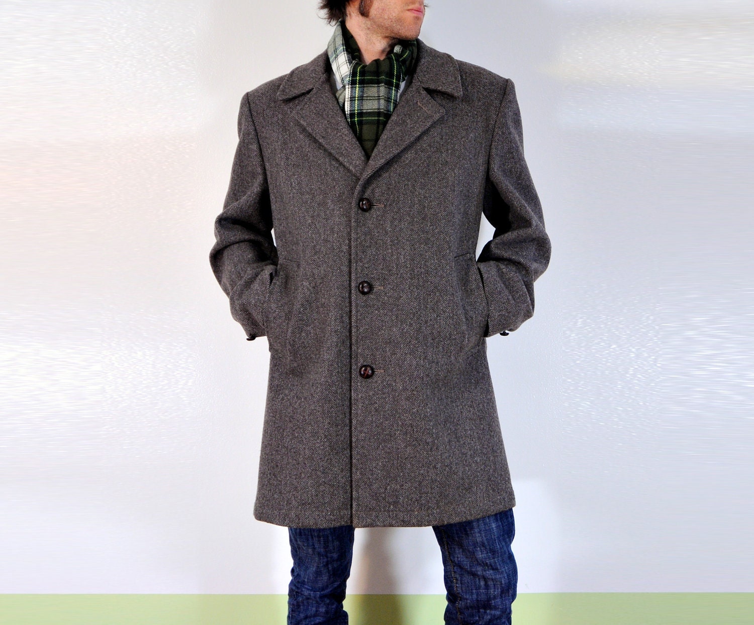 60s Tweed Overcoat Casualcraft 100% Wool Gray Herringbone Great Lining 40R 42R Lucky 7