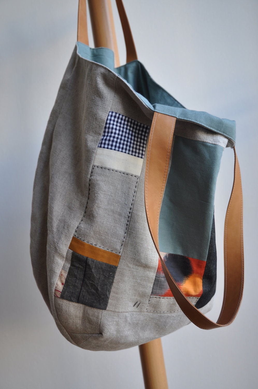 Patchwork linen bag with leather handles
