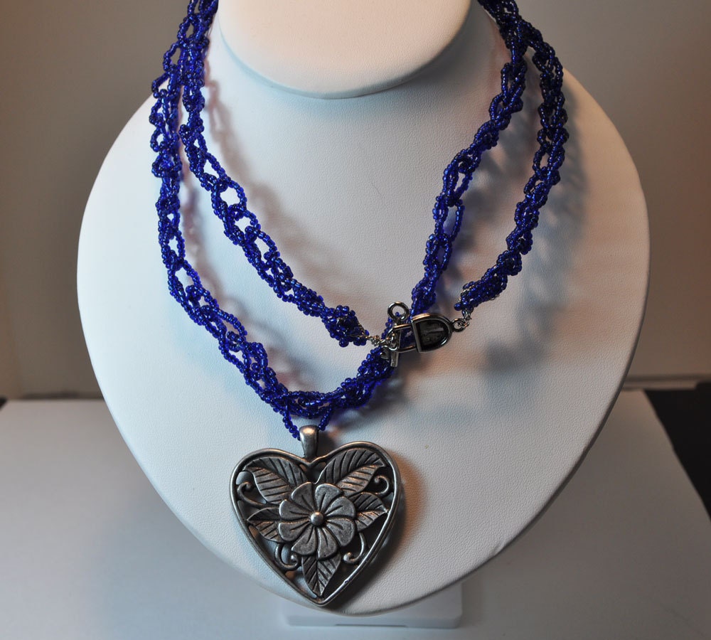 Crocheted Ocean Blue Necklace with Heart