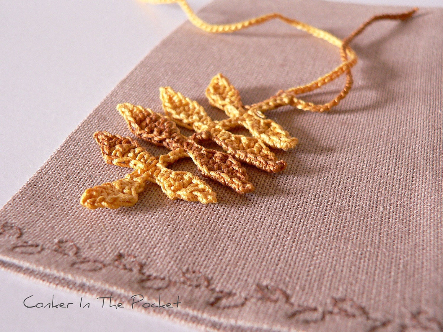 Linen gift bag with crocheted woodland autumn by ConkerInThePocket