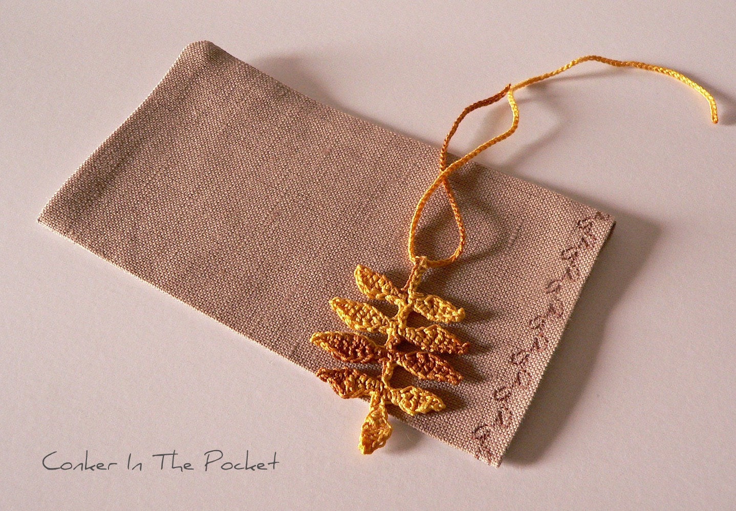 Linen gift bag with crocheted woodland autumn by ConkerInThePocket