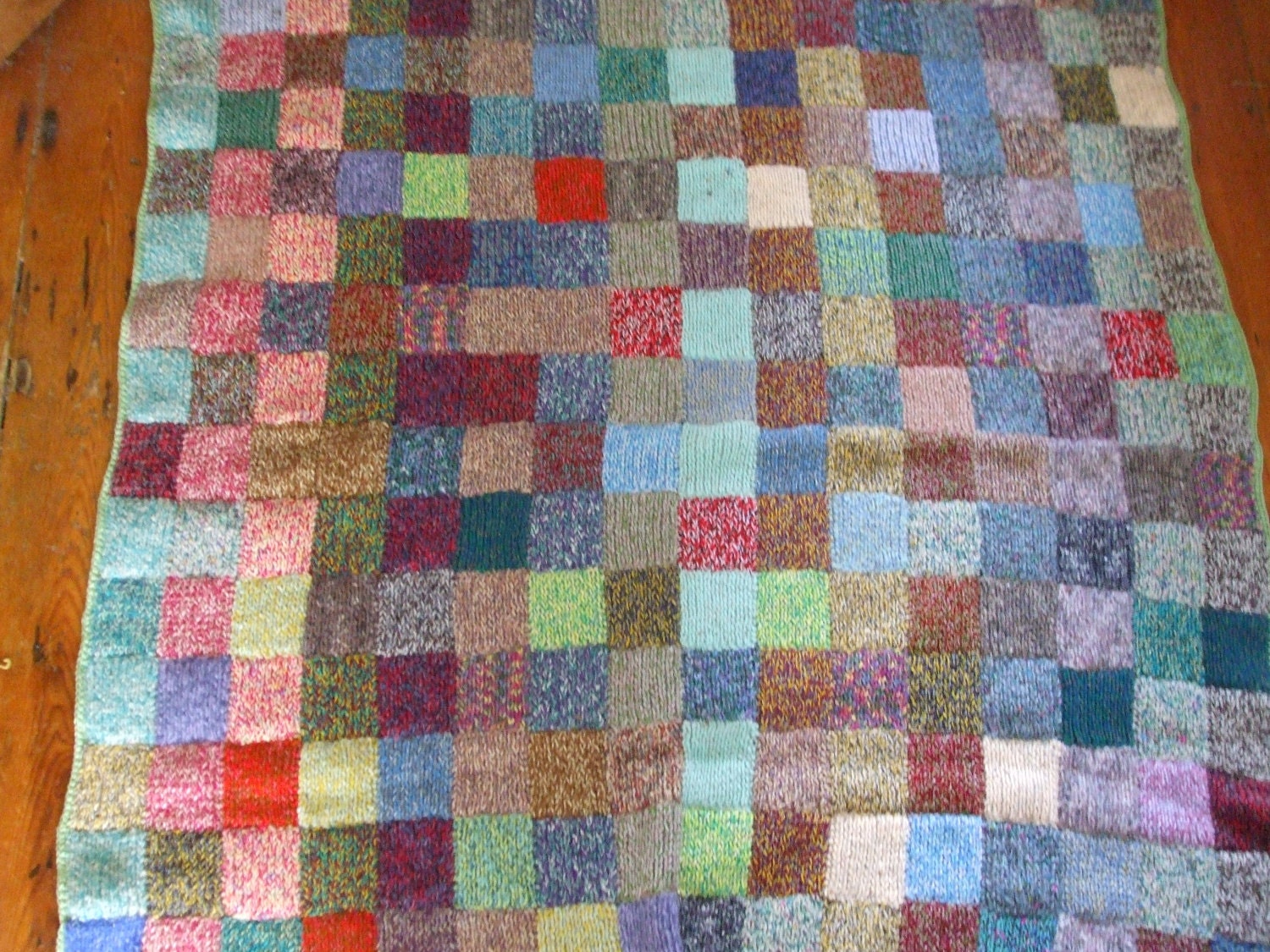 Vintage handknitted colourful squares wool large blanket throw