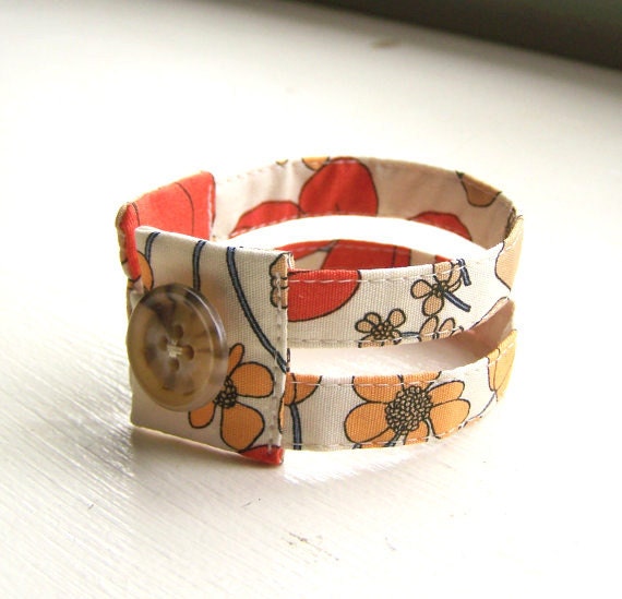 Fabric cuff bracelet warm retro blooms floral red orange