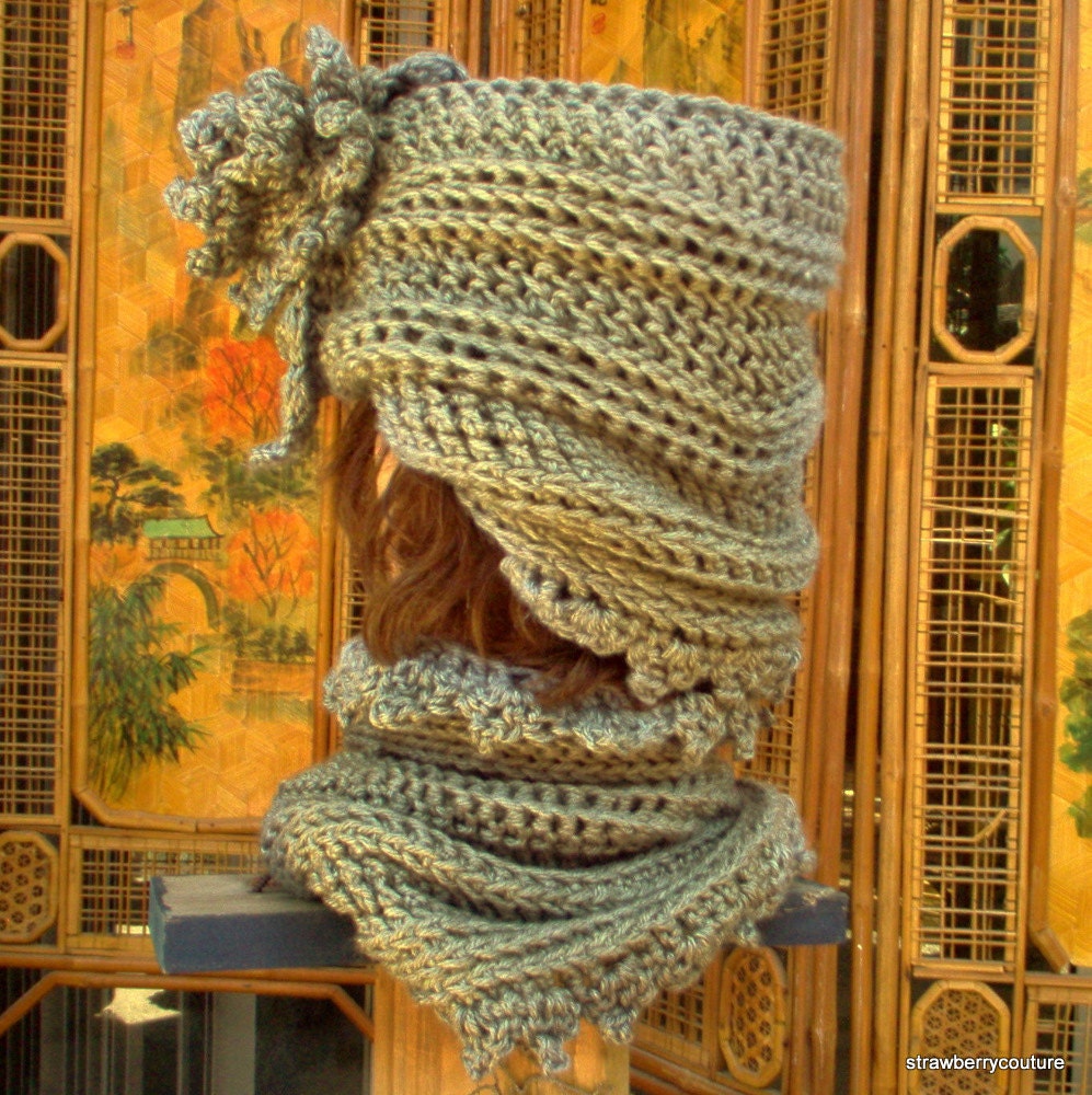 Womens Crochet Hat - Crochet Winter Hat With Infinity Scarf in Gray Made of Soft Acrylic Yarn Can Customize For Plus Size