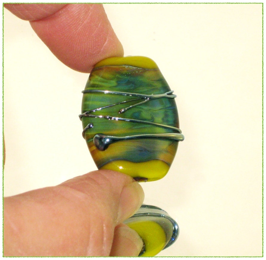 Handmade Glass Lampwork Bead in Lime Green - Silvered Focal Art Bead - SRA - Lime Strike $7.49