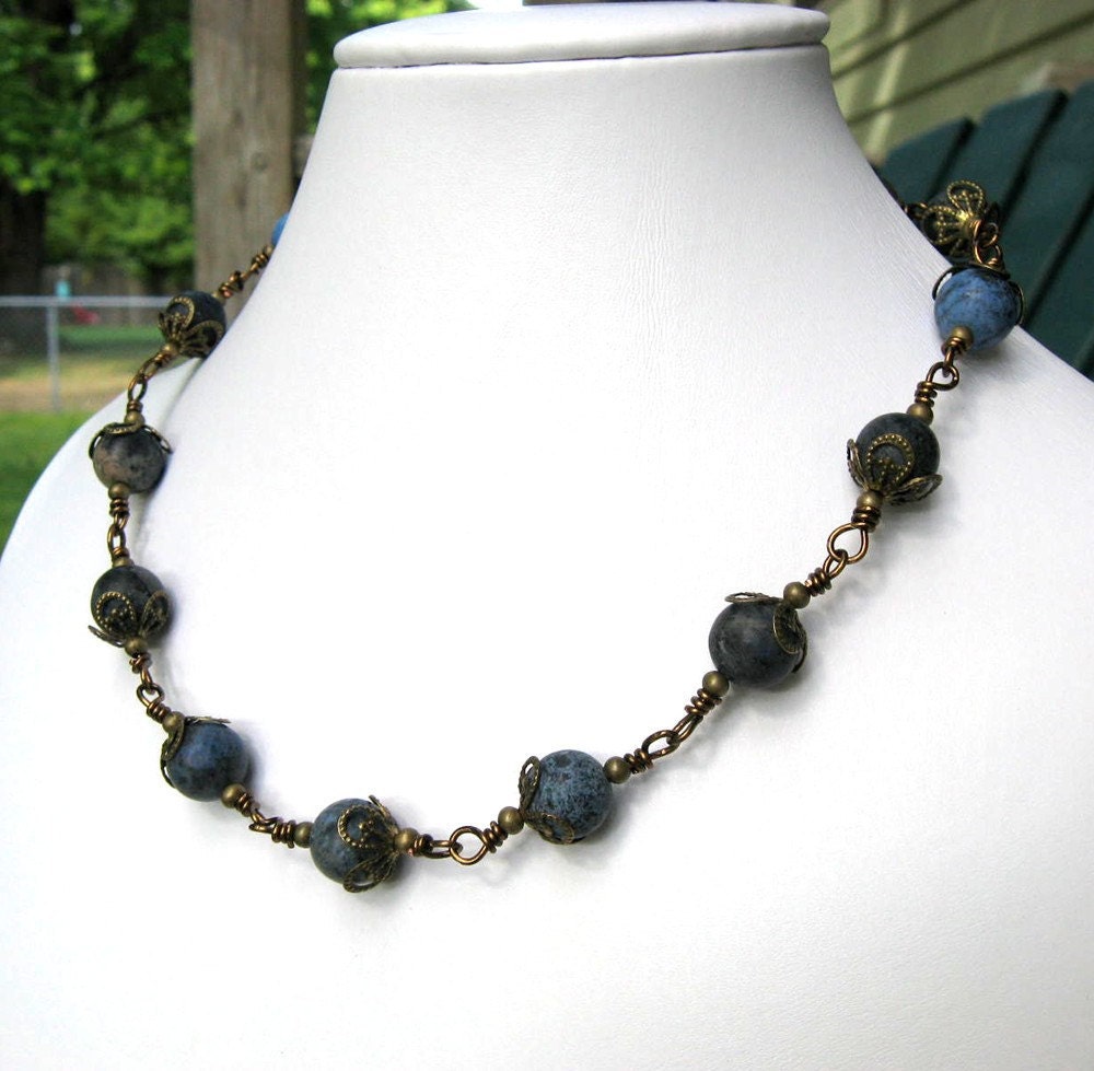 Dark Blue Choker Necklace Mat Dumortierite Antique Brass Wire Wrapped Vintaj  Wire Beaded Handmade